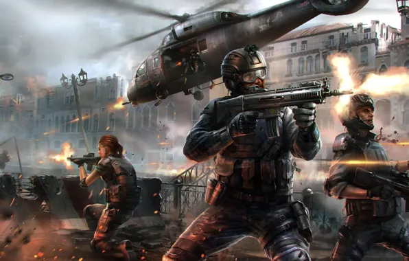 City, fire, battlefield, flame, gun, pistol, soldier, weapon
