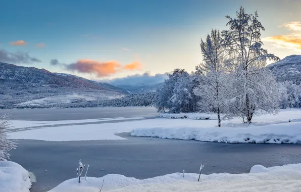 Winter, snow, trees, mountains, lake, Norway