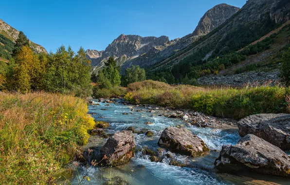 Trees, mountains, river, stones, Russia, Dombay, Karachay-Cherkessia, Greater Caucasus
