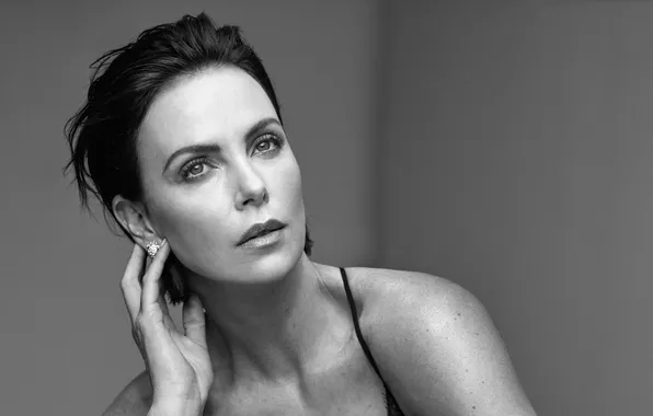 Pose, Charlize Theron, model, portrait, actress, black and white, beauty, Charlize Theron