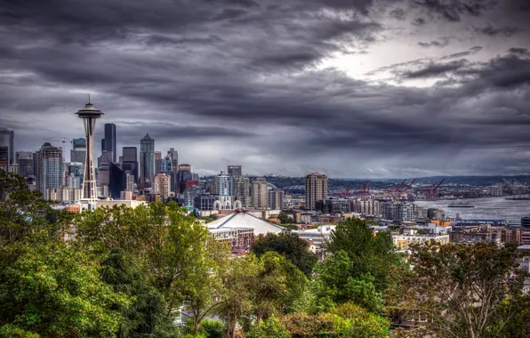 Clouds, trees, river, building, HDR, home, Seattle, USA