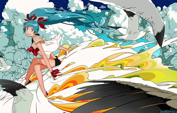 Wallpaper vocaloid, wings, smile, flight, long hair, clouds, seagulls, hatsune miku
