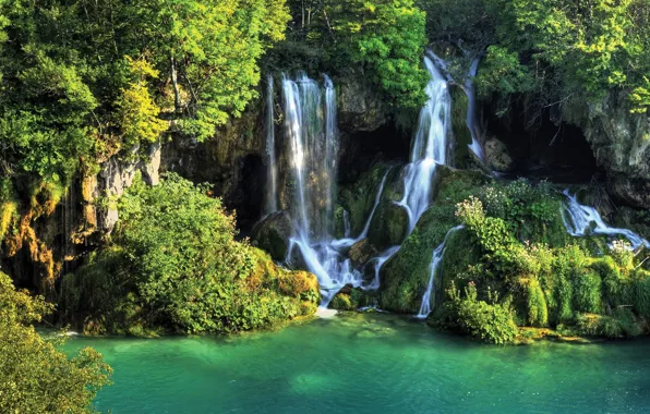 Greens, summer, light, trees, rocks, vegetation, foliage, waterfall