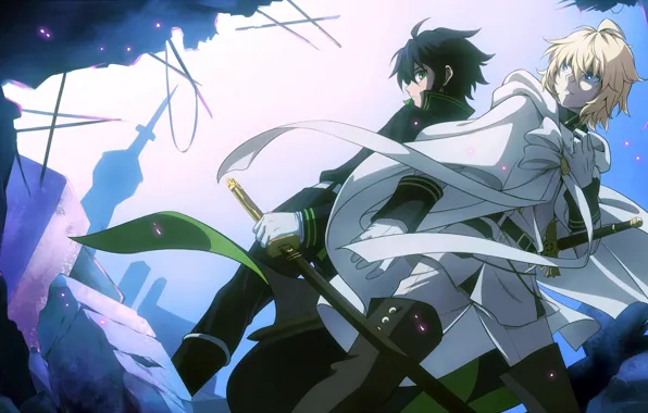Guys, swords, anime, art, Owari no Seraph, Yuuichirou Hyakuya, Michaela Hyakuya