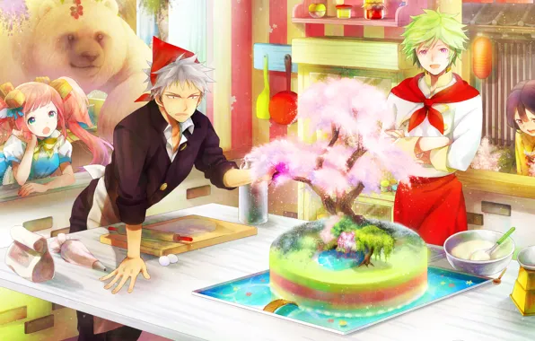 Girls, tree, anime, bear, art, kitchen, cake, guys