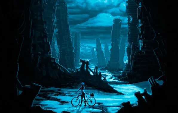 Night, bike, the city, ruins, romantically apocalyptic, apocalypse, Zee Captain