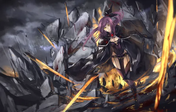 Picture girl, fire, magic, blood, sword, anime, art, ruins