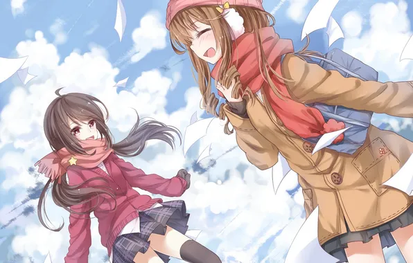 Cold, the sky, clouds, girls, hat, anime, scarf, art