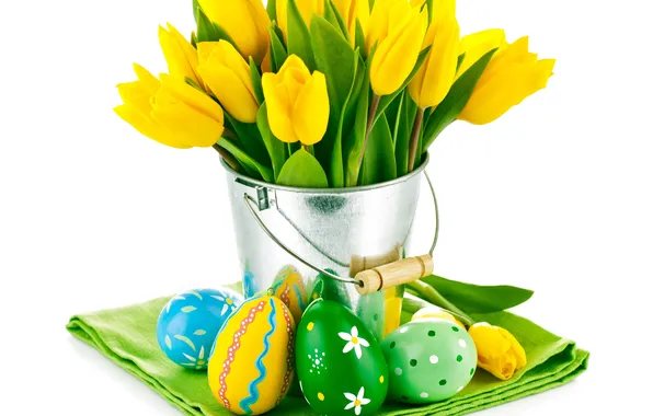 Flowers, eggs, bouquet, Easter, tulips, yellow tulips