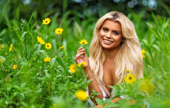 Girl, flowers, nature, face, smile, hand, blonde, long hair