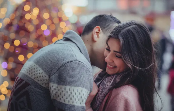 Picture girl, love, smile, hugs, pair, male, bokeh