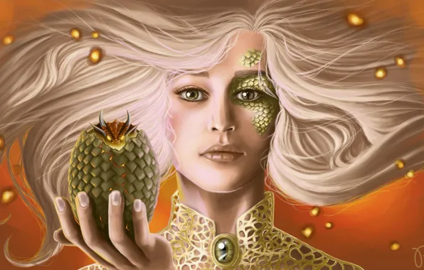 Look, dragon, egg, art, white hair, game of thrones, Daenerys Targaryen, scales