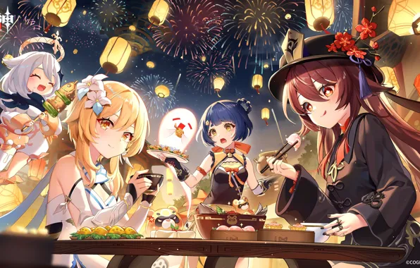 Food, fireworks, smile, Genshin Impact, Light, Xiangling, Paimon, Hutao