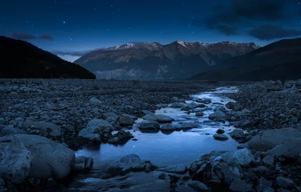 Stars, night, stones, stream, Mountains, mountain river, southern Alps