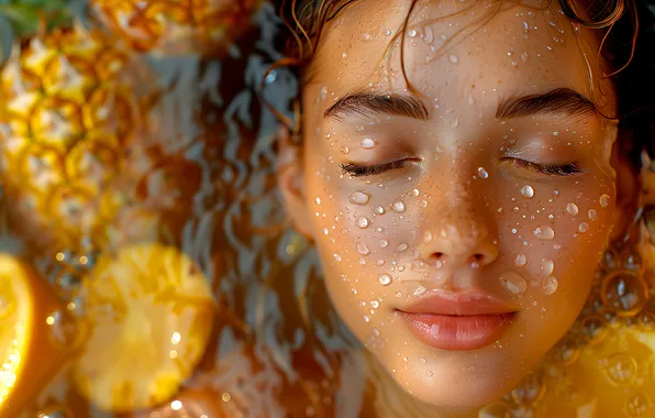 Water, girl, drops, light, face, pose, relax, bathing