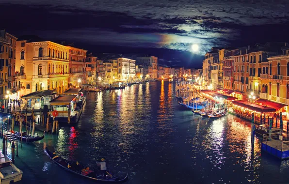 Picture the sky, clouds, night, lights, the moon, boat, channel, Italy