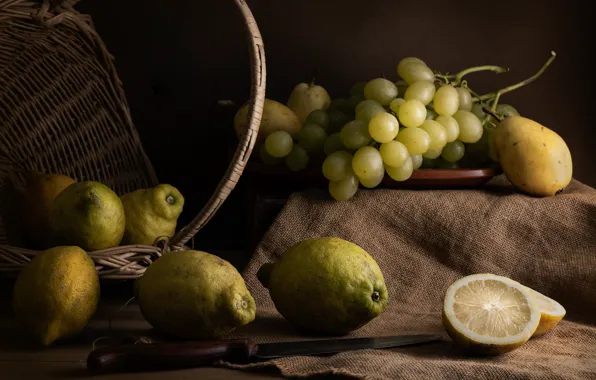 Basket, grapes, knife, still life, pear, burlap, lemons