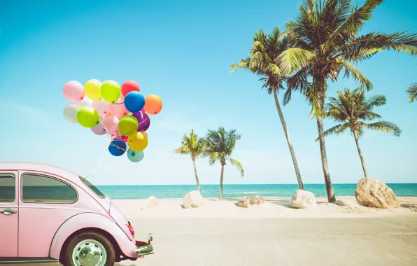 Picture sand, sea, wave, car, beach, summer, the sky, balloons