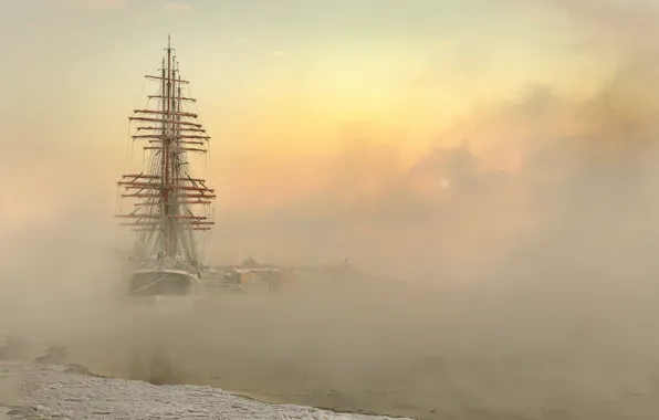 Winter, the city, fog, ship, sailboat, frost, couples