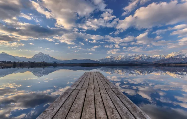 The sky, clouds, mountains, lake, reflection, pier, mirror, pierce