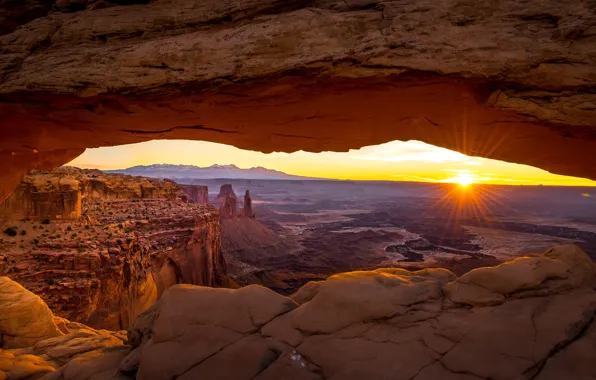 The sun, sunset, stones, rocks, dawn, view, arch, Utah