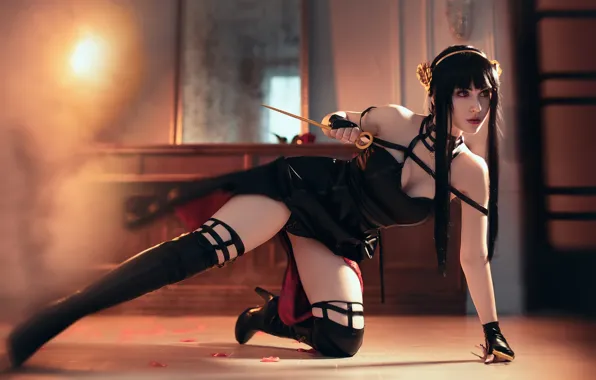 Panties, dress, red eyes, model, women, cosplay, brunette, black dress