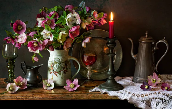 Picture flowers, style, candle, bouquet, glasses, still life, candle holder, napkin