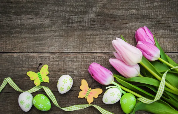 Flowers, eggs, spring, colorful, Easter, tulips, happy, wood
