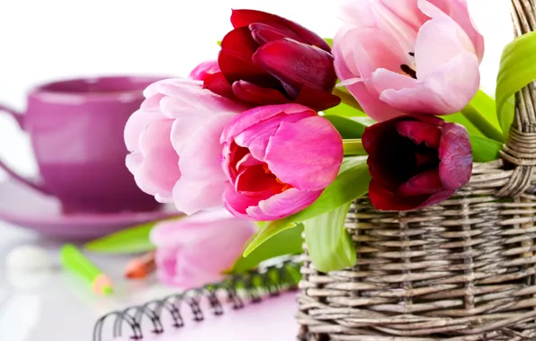 Picture photo, Flowers, Tulips, Basket, Closeup