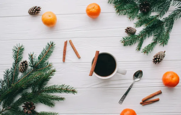 Decoration, New Year, Christmas, Christmas, wood, New Year, coffee cup, tangerines