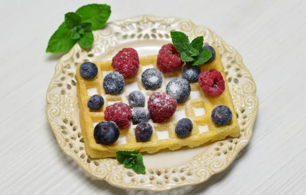 Picture berries, raspberry, Breakfast, blueberries, mint, waffles, powdered sugar