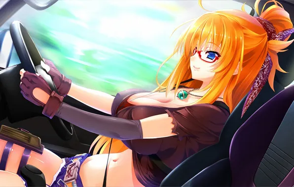Machine, chest, girl, the wheel, art, glasses, red, trip
