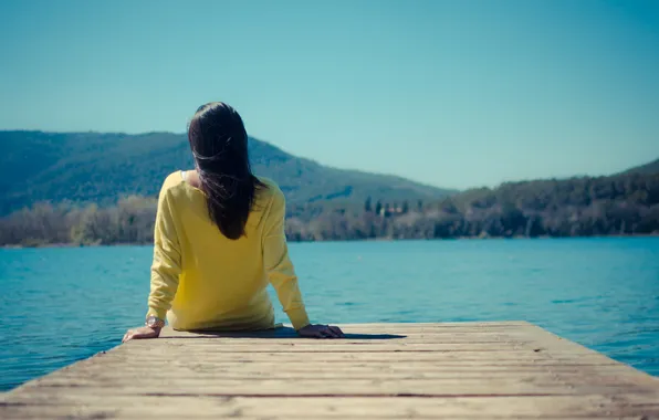 The sky, girl, mountains, lake, hair, back, shadow, sweater