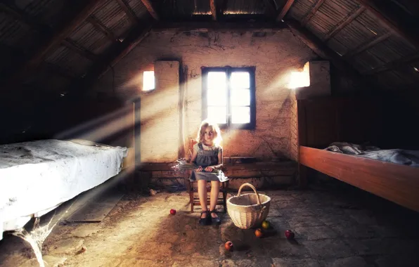 Picture basket, apples, girl, attic
