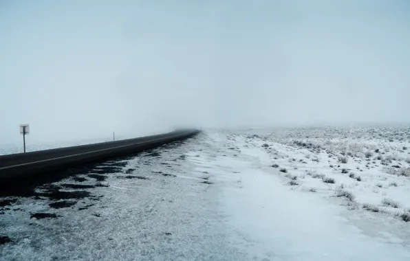 Winter, snow, fog, Road