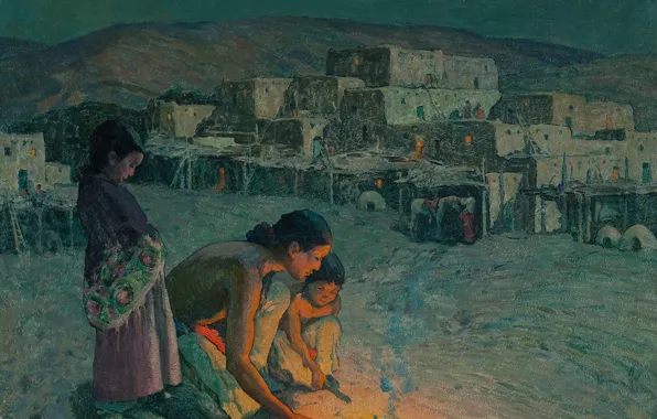 Picture the evening, town, the fire, Moonlight, Eanger Irving Couse, the mother and children, Taos Pueblo …
