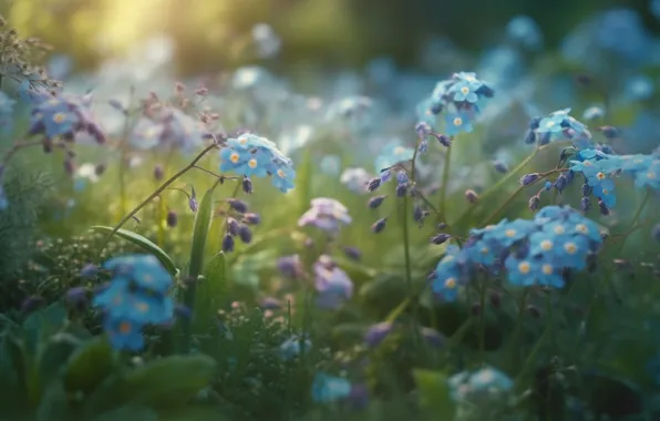 Flowers, spring, blue, wildflowers, forget-me-nots, AI art, neural network