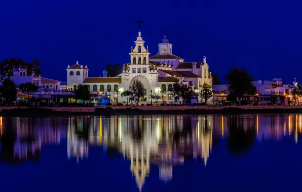 Water, trees, night, lights, reflection, river, home, temple