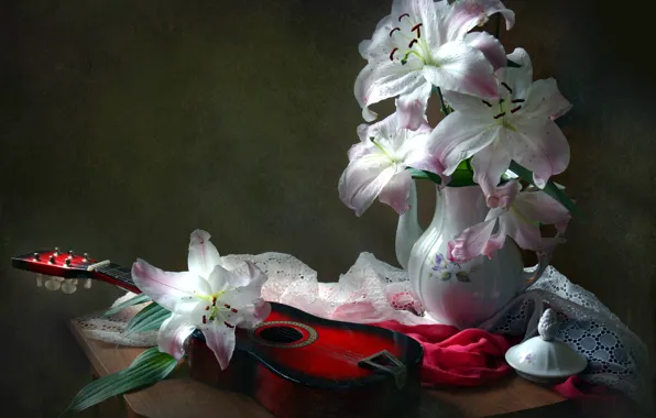Lily, guitar, bouquet, texture, still life, vintage