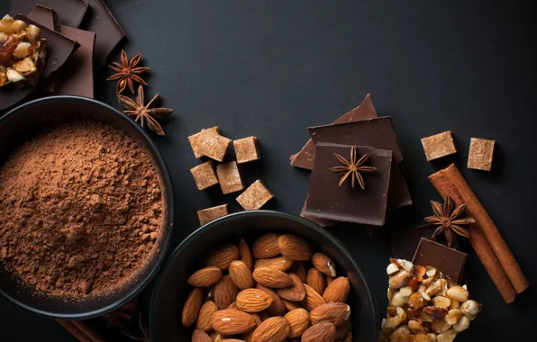 Chocolate, sugar, cinnamon, almonds, hazelnuts, cocoa, star anise