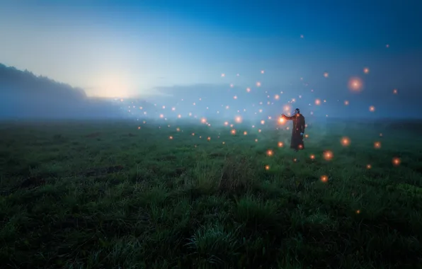 Field, fog, people, mystic, field, fog, man, mysticism