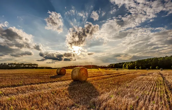 Field, the sky, the sun, clouds, stack, hay