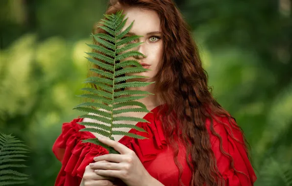 Look, girl, face, portrait, red, red dress, redhead, long hair