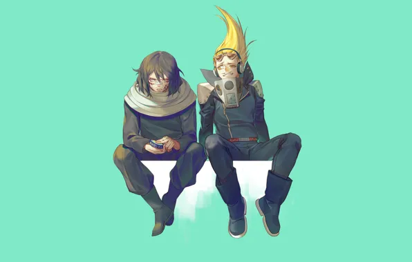 Anime, art, heroes, two, green background, Boku no Hero Academy, My hero Academy, My Hero …