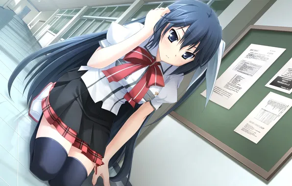 Girl, corridor, schoolgirl, sitting, art, takamizawa saran, With Ribbon