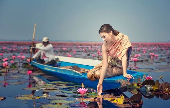 Picture girl, flowers, boat, Asian Beauty
