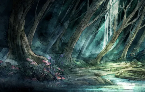 Trees, flowers, Flowers, Wallpaper, Widescreen, Forest, painted landscape, Child of Light