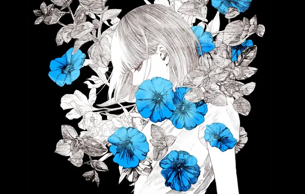 Girl, flowers, black background, art, Kiyohara Hiro