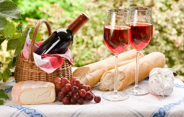 Leaves, wine, basket, cheese, glasses, grapes, bunch, picnic