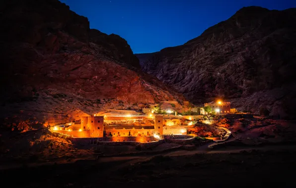 Lights, desert, night, hills, castle